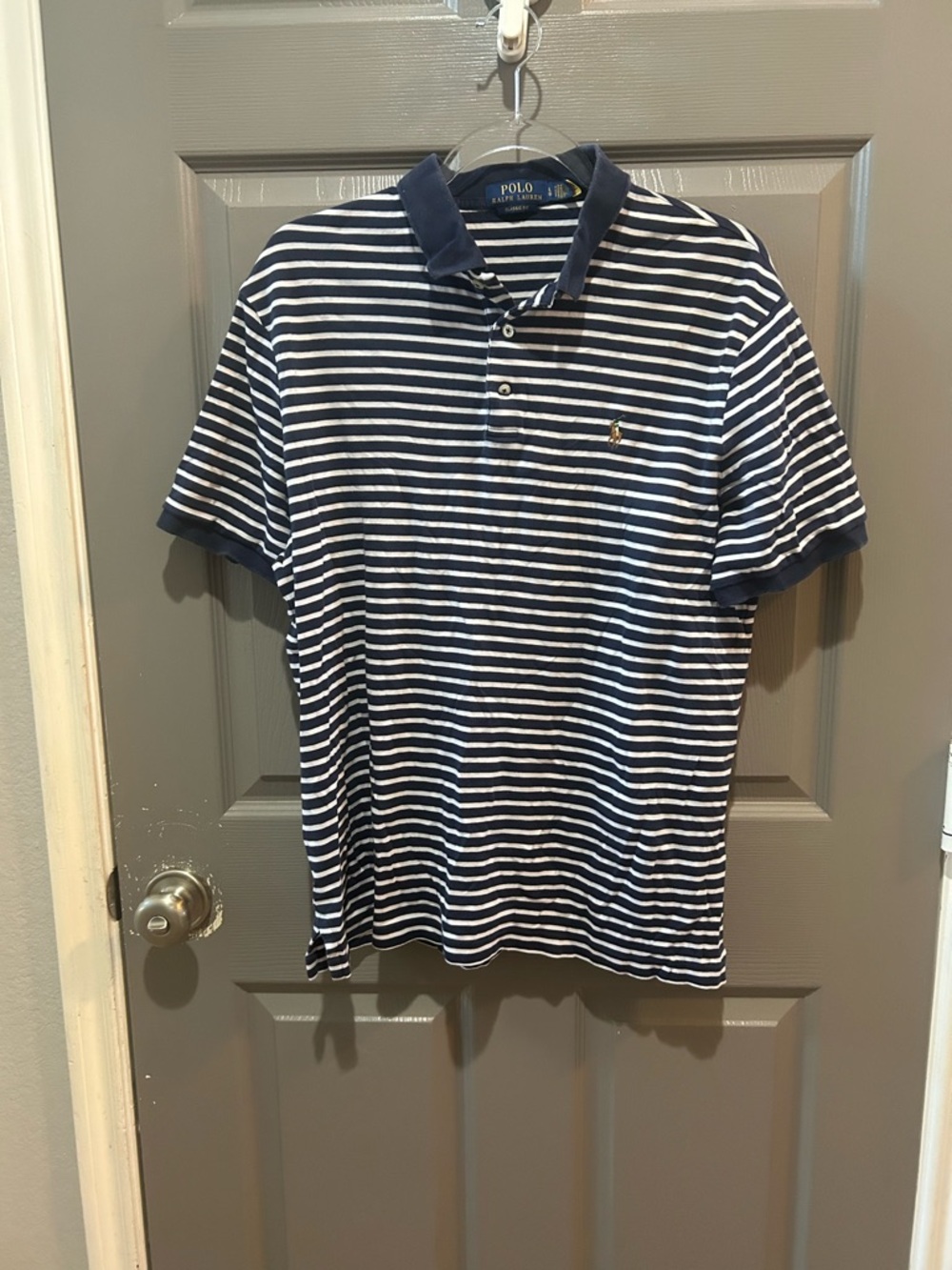 Ralph Lauren Navy & White Striped Polo with Contrast Collar